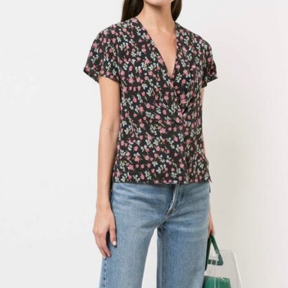 RAG & BONE Shields Black Silk Floral Printed Blouse
